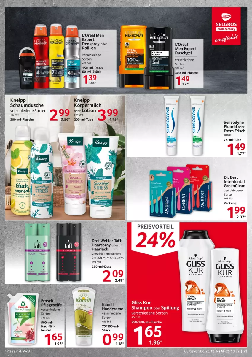 Aktueller Prospekt Selgros - Food - von 20.10 bis 26.10.2022 - strona 23 - produkty: aqua, arla, beutel, creme, cremeseife, deo, deospray, Dr. Best, drei wetter taft, dusche, duschgel, eis, erde, flasche, gliss, gliss kur, grana, Haarlack, haarspray, handcreme, Kamill, lack, Lotion, milch, minze, preisvorteil, Rana, reis, rel, roll-on, Schaumdusche, schwarzkop, schwarzkopf, Seife, sensodyne, sensodyne fluorid, shampoo, spülung, Taft, tee, Ti, wasser