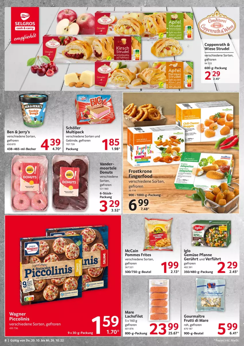 Aktueller Prospekt Selgros - Food - von 20.10 bis 26.10.2022 - strona 8 - produkty: Becher, beutel, coppenrath, filet, frutti di mare, hafer, iglo, krone, lachs, lachsfilet, LG, mccain, pfanne, pommes, Pommes Frites, Schöller, Strudel, Ti