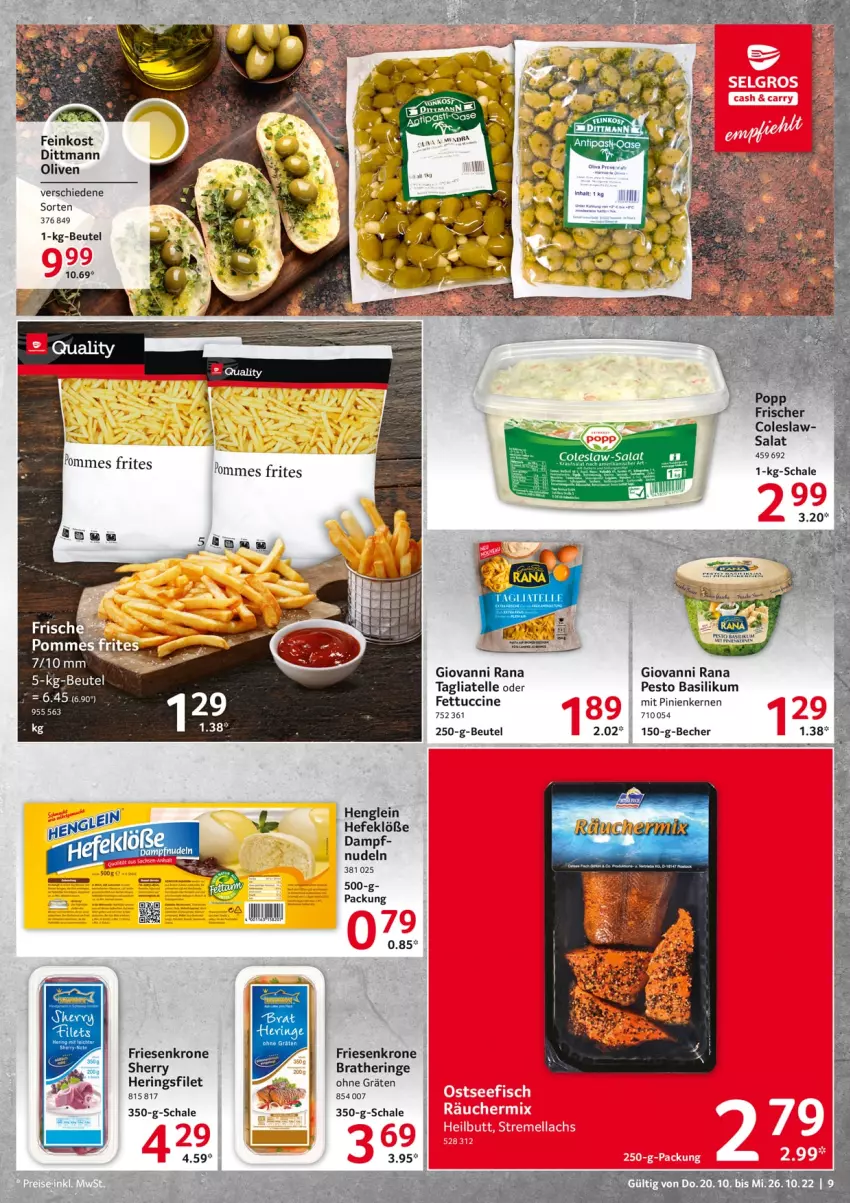 Aktueller Prospekt Selgros - Food - von 20.10 bis 26.10.2022 - strona 9 - produkty: basilikum, beutel, Bratheringe, cin, Coleslaw, dittmann, elle, feinkost, filet, giovanni rana, Hefe, henglein, hering, Herings, krone, nudel, nudeln, olive, oliven, pesto, pinienkerne, pommes, Rana, ring, salat, Schal, Schale, tagliatelle, tuc