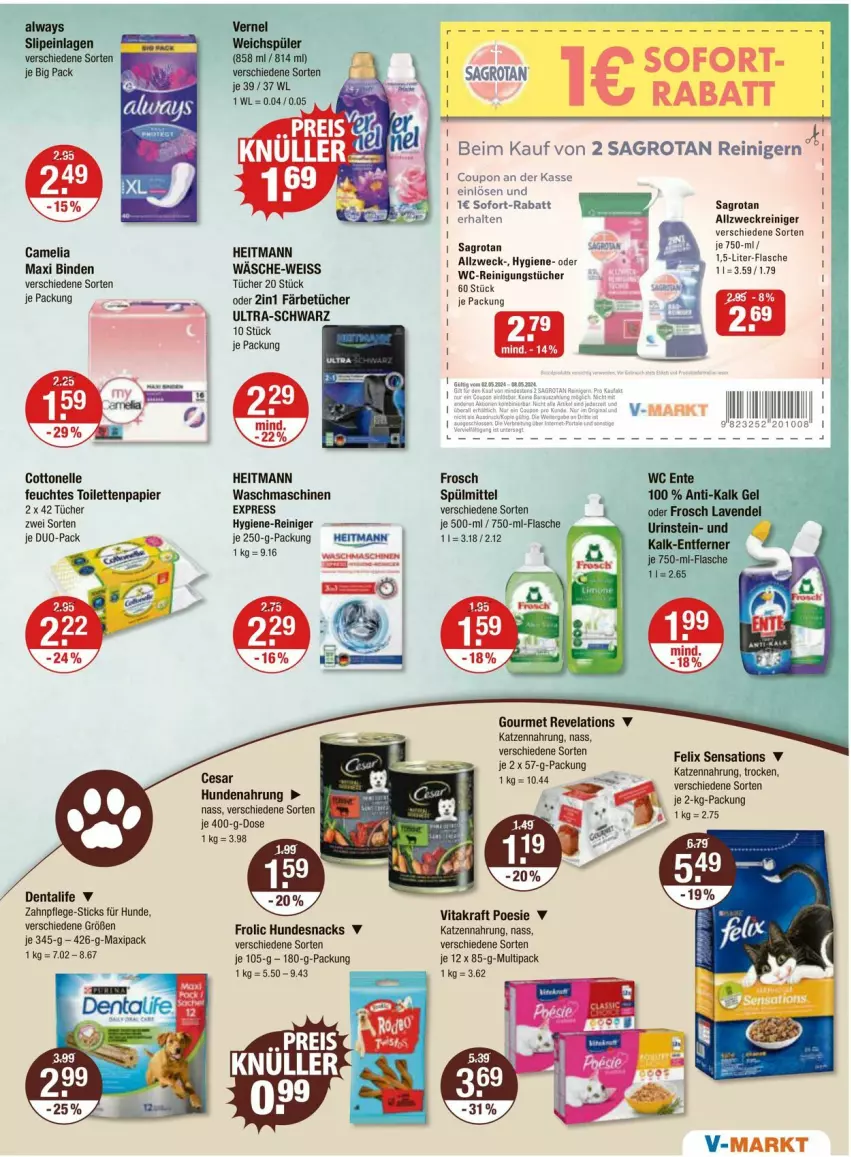 Aktueller Prospekt Vmarkt - Prospekte - von 02.05 bis 08.05.2024 - strona 13 - produkty: allzweckreiniger, Alwa, Always, binden, camelia, cottonelle, coupon, eis, elle, ente, felix, feuchtes toilettenpapier, flasche, frolic, Frosch, heitmann, hundenahrung, hundesnack, hundesnacks, hygiene-reiniger, je 250-g-packung, katzennahrung, kraft, lavendel, papier, reiniger, Reinigung, reinigungstücher, reis, sagrotan, sensations, slip, slipeinlagen, snack, snacks, sofort-rabatt, spülmittel, Ti, toilettenpapier, tücher, vernel, vita, vitakraft, waschmaschine, waschmaschinen, weck, weichspüler