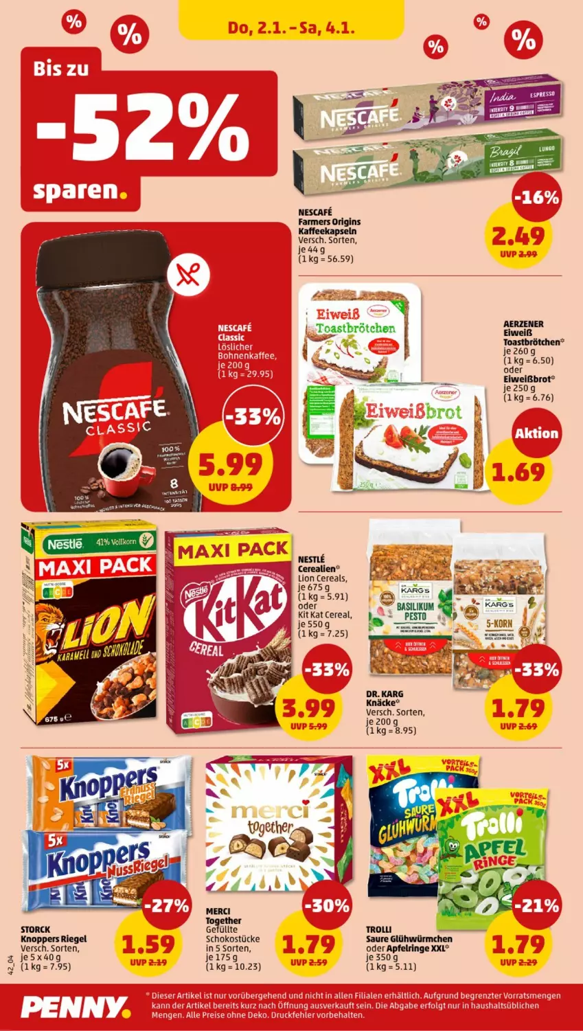 Aktueller Prospekt Penny - Prospekte - von 30.12.2025 bis 04.01.2026 - strona 42 - produkty: apfel, basilikum, brot, brötchen, cerealien, cereals, Eiweißbrot, gin, kaffee, kaffeekapseln, kitkat, knoppers, korn, merci, nescafe, riegel, ring, schoko, storck, toast