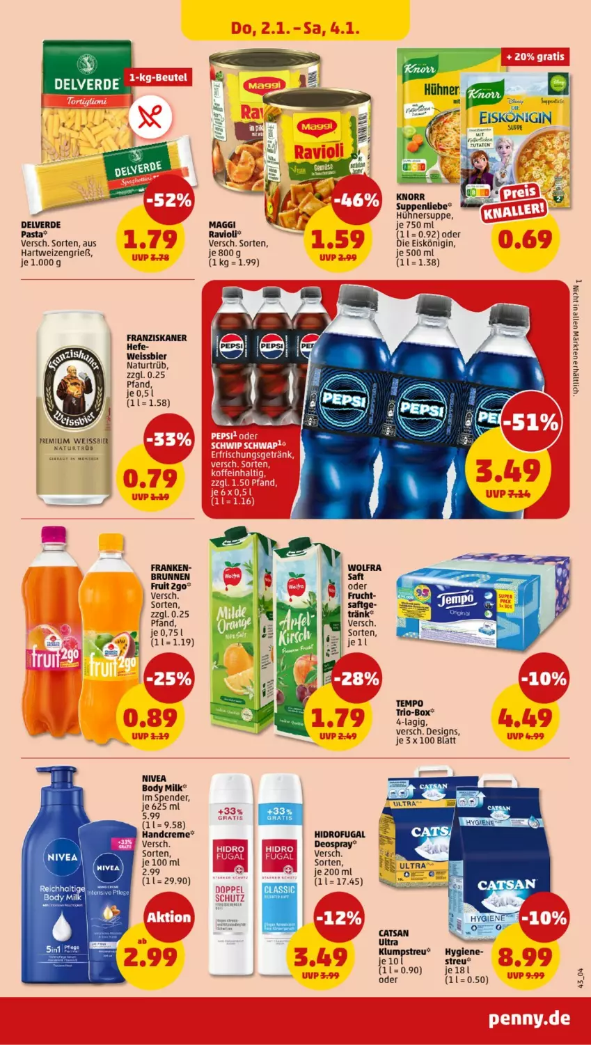 Aktueller Prospekt Penny - Prospekte - von 30.12.2025 bis 04.01.2026 - strona 43 - produkty: bier, body, body milk, brunnen, creme, deo, deospray, eis, Eiskönigin, erde, franziskaner, gin, handcreme, hartweizen, Hefe, hühner, Hühnersuppe, klumpstreu, maggi, natur, nivea, pasta, ravioli, suppe, suppen, suppenliebe, Tempo, Ti, weissbier