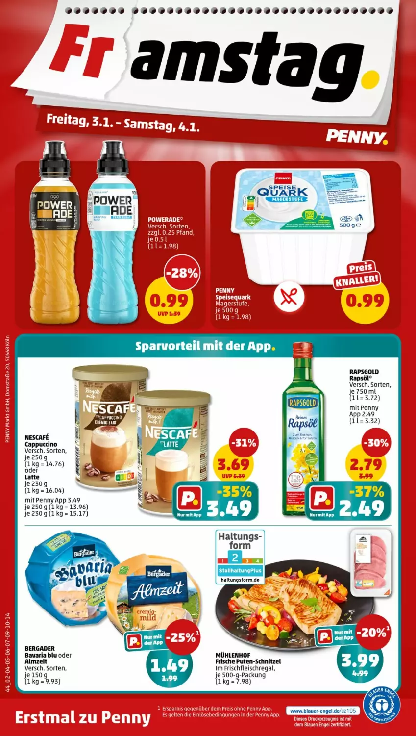 Aktueller Prospekt Penny - Prospekte - von 30.12.2025 bis 04.01.2026 - strona 44 - produkty: bavaria blu, bergader, Cap, cappuccino, cin, eis, fleisch, latte, nescafe, pute, rapsöl, regal, Ria, schnitzel