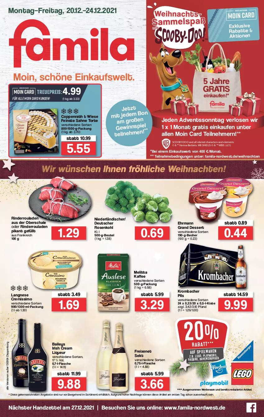 Aktueller Prospekt Famila - Prospekte - von 20.12 bis 24.12.2021 - strona 1 - produkty: angebot, angebote, baileys, Becher, beutel, burger, coppenrath, cremissimo, dessert, ehrmann, Ehrmann Grand Dessert, eis, flasche, freixenet, Hasbro, irish cream, kaffee, krombache, krombacher, krombacher pils, langnese, langnese cremissimo, liqueur, melitta, pils, playmobil, ravensburger, reis, rel, rind, rinder, Rinderroulade, rinderrouladen, rosen, Rosenkohl, rouladen, sahne, Schal, Schale, sekt, sim, spielwaren, Ti, torte, weihnachten