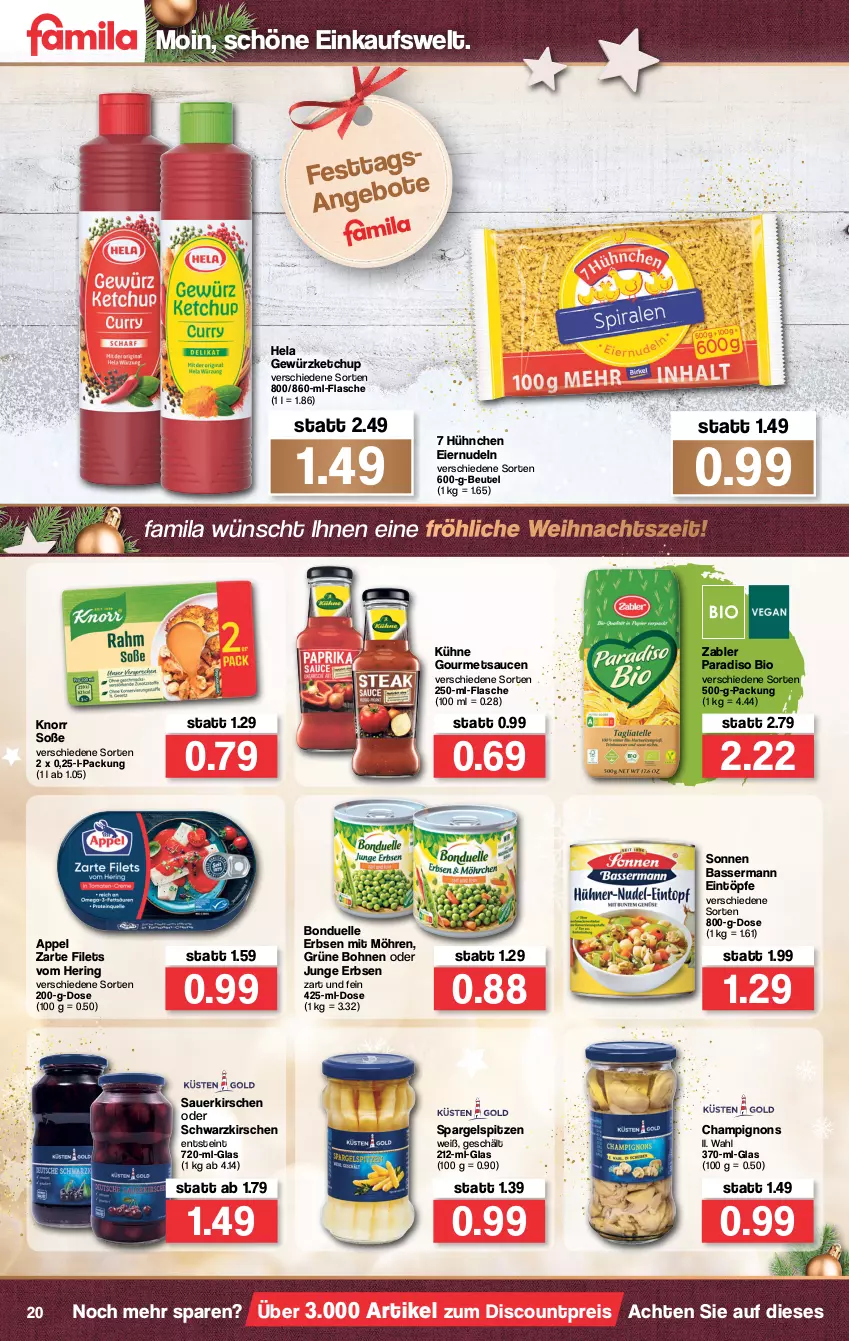 Aktueller Prospekt Famila - Prospekte - von 20.12 bis 24.12.2021 - strona 22 - produkty: auer, beutel, bio, bohne, bohnen, bonduelle, champignon, champignons, discount, eier, eiernudeln, eintöpfe, eis, elle, erbsen, filet, filets, flasche, gewürz, gewürzketchup, grüne bohnen, Hela, hering, junge erbsen, ketchup, kirsch, kirsche, kirschen, knorr, Kühne, möhren, nudel, nudeln, reis, ring, sauce, saucen, sauerkirschen, Soße, spargel, Ti, Zabler