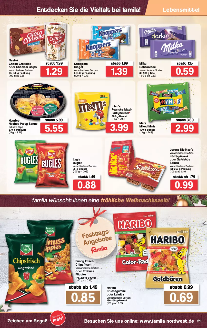 Aktueller Prospekt Famila - Prospekte - von 20.12 bis 24.12.2021 - strona 23 - produkty: beutel, bugles, chips, chipsfrisch, choclait chips, choco crossies, crossies, decke, dip, erdnuss, flippies, frucht, fruchtgummi, Funny Frisch, haribo, knoppers, Lakritz, lebensmittel, lorenz, mars, milka, milka schokolade, nacho, Nachos, nestlé, nuss, oder lakritz, regal, riegel, saltletts, schoko, schokolade, Ti