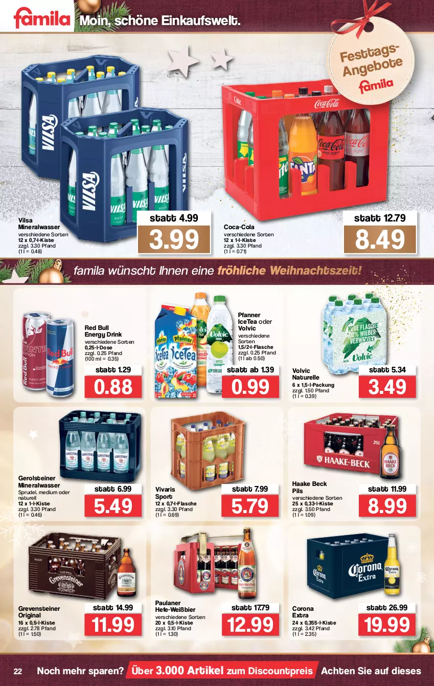 Aktueller Prospekt Famila - Prospekte - von 20.12 bis 24.12.2021 - strona 24 - produkty: Alwa, bier, coca-cola, cola, corona, corona extra, discount, drink, eis, elle, energy drink, flasche, gerolsteine, gerolsteiner, gin, grevensteiner, Hefe, mineralwasser, natur, Paula, paulaner, pfanne, Pfanner, pils, red bull, reis, rel, Sport, Sprudel, steiner, Ti, vilsa, Vivaris, volvic, wasser