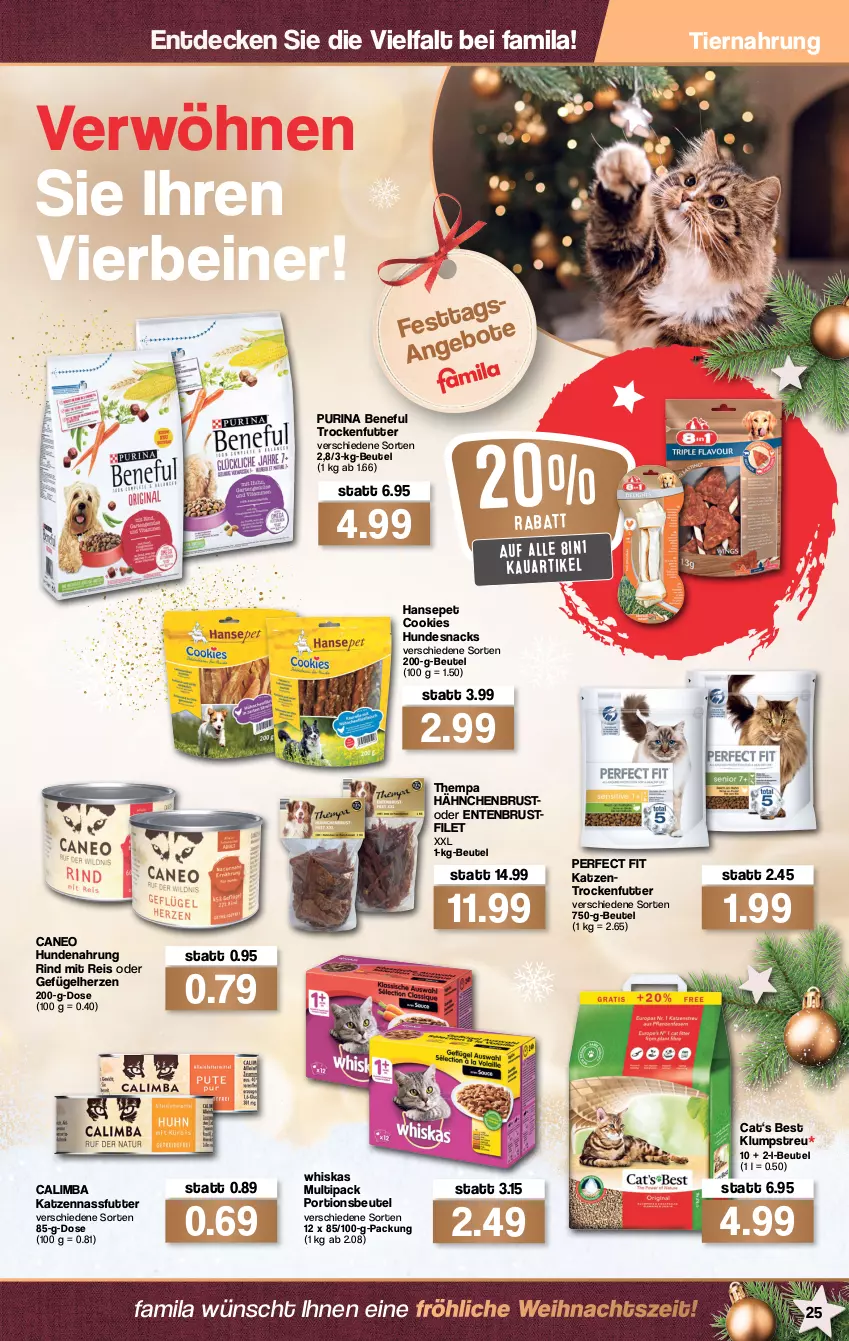 Aktueller Prospekt Famila - Prospekte - von 20.12 bis 24.12.2021 - strona 27 - produkty: beutel, brustfilet, cookie, cookies, decke, eis, ente, Entenbrust, filet, Gefügel, hähnchenbrust, hundenahrung, hundesnack, hundesnacks, Katzentrockenfutter, klumpstreu, nassfutter, Perfect Fit, portionsbeutel, purina, reis, rind, snack, snacks, Ti, tiernahrung, trockenfutter, whiskas