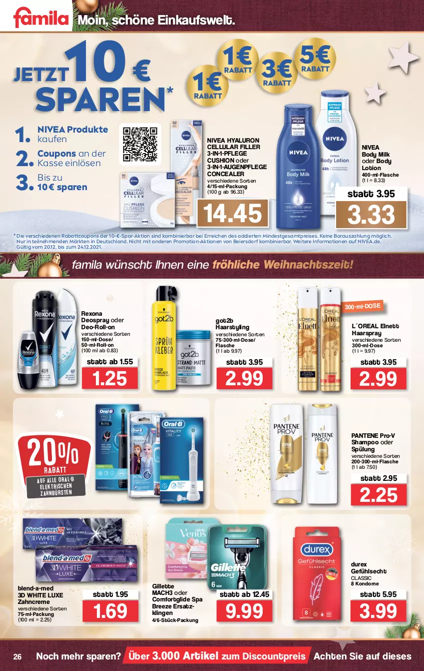 Aktueller Prospekt Famila - Prospekte - von 20.12 bis 24.12.2021 - strona 28 - produkty: Augenpflege, blend-a-med, body, body lotion, body milk, bree, bürste, bürsten, cellular filler, coupon, coupons, creme, deo, deospray, discount, Durex, eier, eis, elnett, flasche, gillette, got2b, haarspray, hyaluron, Kondome, Lotion, mac, mach3, nivea, oral-b, pantene, pantene pro-v, pro-v, reis, rexona, roll-on, shampoo, shampoo oder spülung, spülung, Ti, zahnbürste, zahnbürsten, zahncreme