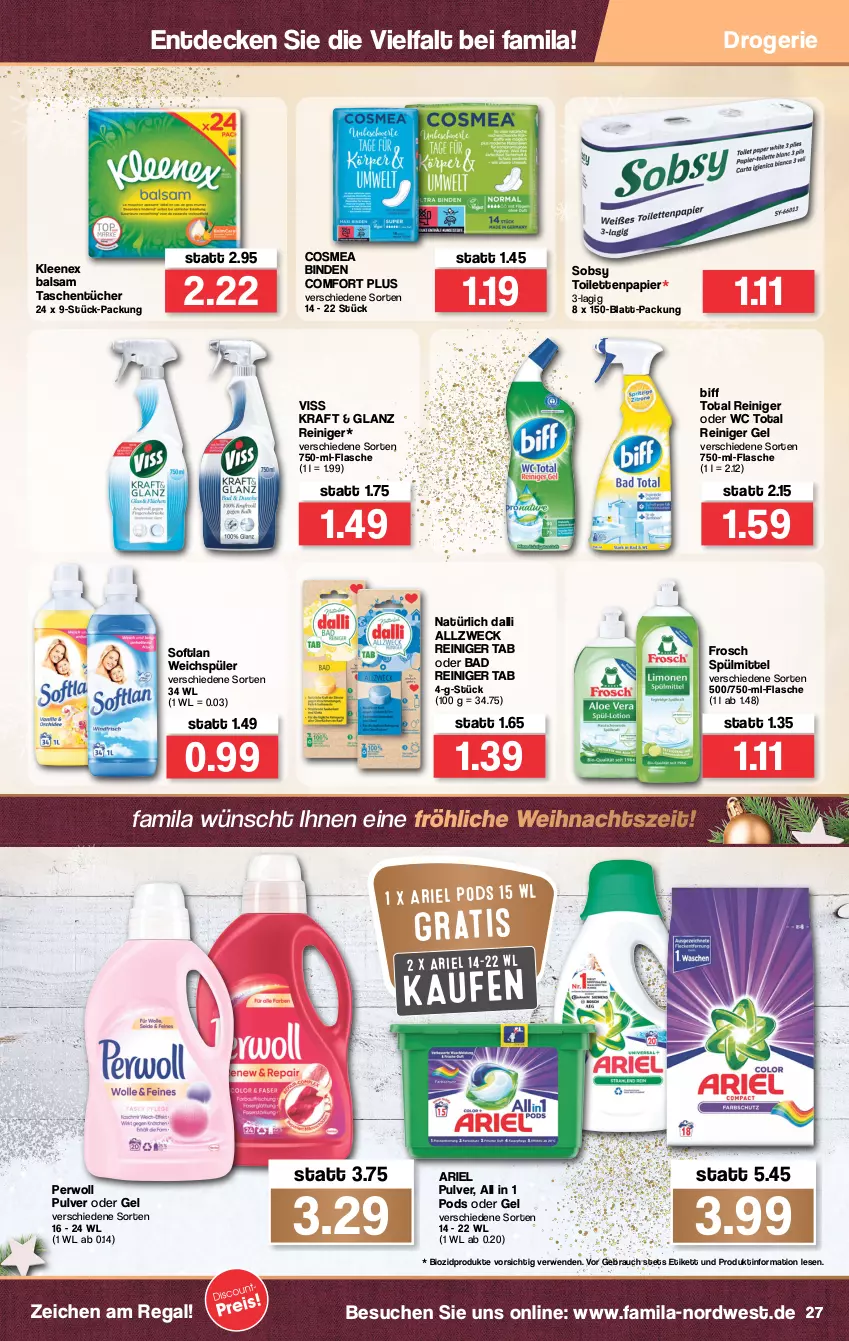 Aktueller Prospekt Famila - Prospekte - von 20.12 bis 24.12.2021 - strona 29 - produkty: ariel, Bad, balsam, biff, binden, bio, biozidprodukte, cosmea, dalli, decke, flasche, Frosch, kraft, papier, perwoll, Pods, Rauch, regal, reiniger, reiniger gel, rwe, Softlan, spülmittel, Tasche, taschen, taschentücher, Ti, toilettenpapier, tücher, wc total, weck, weichspüler