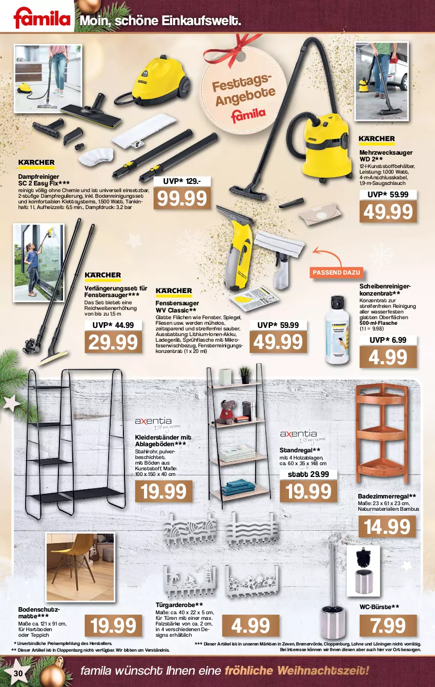 Aktueller Prospekt Famila - Prospekte - von 20.12 bis 24.12.2021 - strona 32 - produkty: akku, Bad, bambus, Behälter, bürste, dampfreiniger, eis, elle, erde, fenster, fenstersauger, flasche, Garderobe, Holz, kleid, kleider, Kleiderständer, ladegerät, latte, mikrofaser, natur, regal, reifen, reiniger, Reinigung, reis, Ria, Scheibenreiniger, schlauch, spiegel, sprühflasche, teller, teppich, Ti, wasser, WC-Bürste, weck