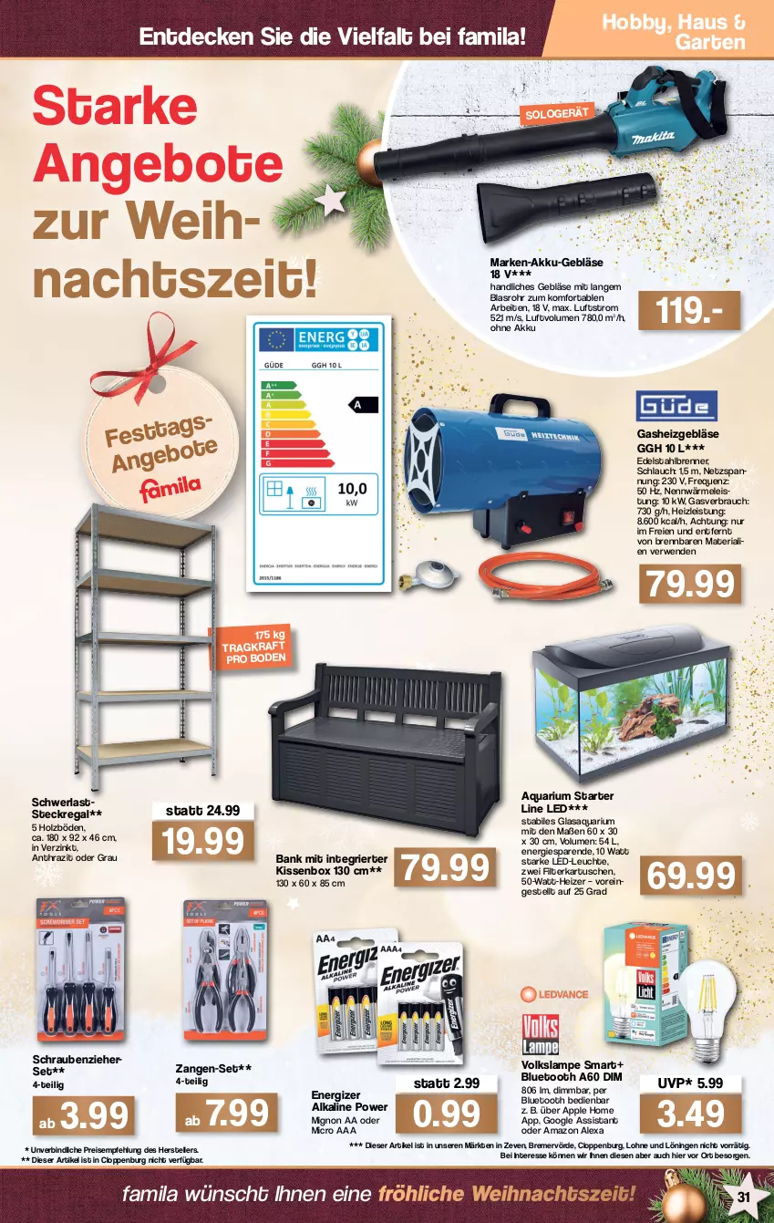 Aktueller Prospekt Famila - Prospekte - von 20.12 bis 24.12.2021 - strona 33 - produkty: akku, alexa, amazon alexa, angebot, angebote, Apple, aqua, Bank, decke, Eckregal, edelstahl, eis, elle, energizer, filterkartuschen, Garten, Gasheizgebläse, Heizgebläse, Hobby, Holz, kissen, kraft, Lampe, LED-Leuchte, Leuchte, Rauch, regal, reis, Ria, rwe, schlauch, schrauben, steckregal, teller, Ti, Zangen