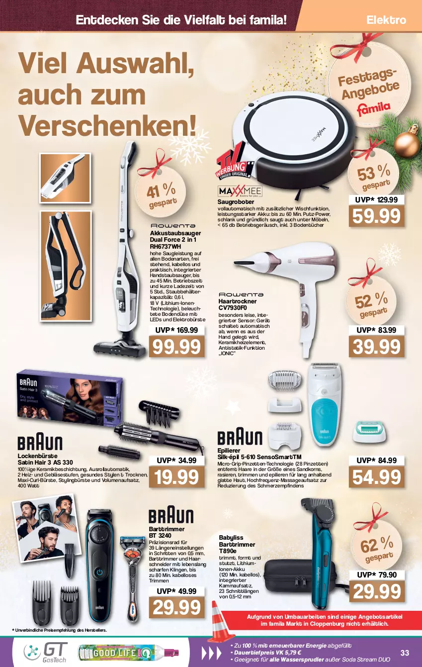 Aktueller Prospekt Famila - Prospekte - von 20.12 bis 24.12.2021 - strona 35 - produkty: akku, angebot, auer, auto, BaByliss, Bau, Behälter, Bodentücher, bürste, dauertiefpreis, decke, eis, Elektro, elle, ente, epilierer, haarschneider, haartrockner, handstaubsauger, korn, latte, leds, Leuchte, möbel, ndk, Pinzette, reis, Saugroboter, Schal, Soda, staubsauger, teller, Ti, tiefpreis, tisch, Trockner, tücher, wasser, wassersprudler