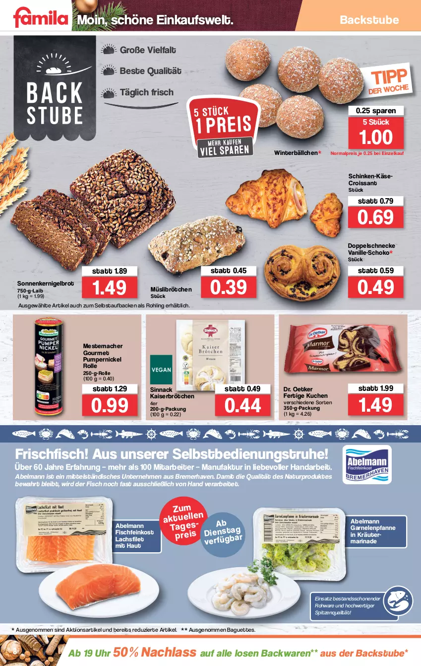 Aktueller Prospekt Famila - Prospekte - von 20.12 bis 24.12.2021 - strona 8 - produkty: backwaren, baguette, baguettes, brot, brötchen, Croissant, Dr. Oetker, eis, Faktu, feinkost, filet, fisch, Fischfeinkost, frischfisch, garnelen, Kaiser, Käse, kräuter, kuchen, lachs, lachsfilet, mac, marinade, mestemacher, müsli, natur, pfanne, Pumpernickel, reis, schinken, schoko, sinnack, spitzenqualität, stube, Ti, uhr, vanille