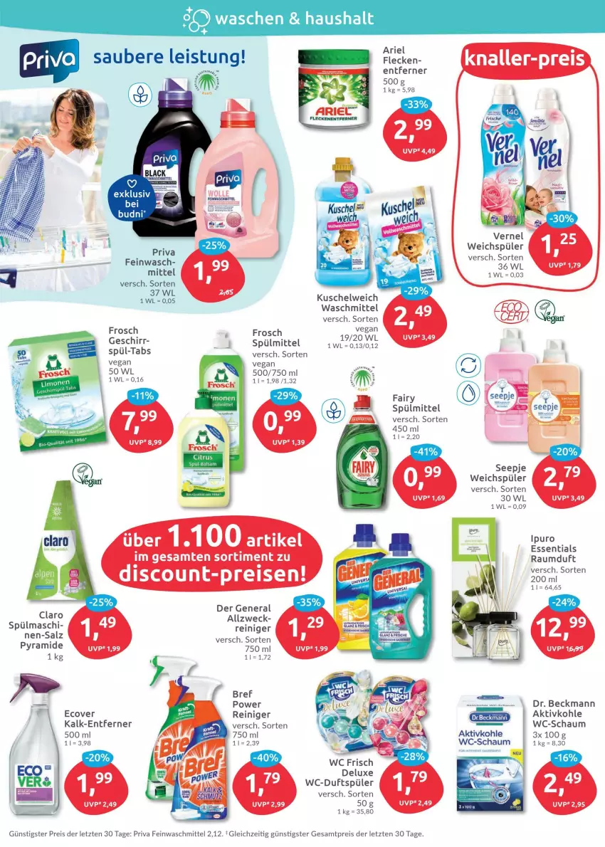 Aktueller Prospekt Budni - Prospekte - von 13.06 bis 18.06.2022 - strona 4 - produkty: ariel, Bref, bref power, discount, Dr. Beckmann, eis, fairy, feinwaschmittel, Frosch, geschirr, Kuschelweich, Raumduft, reiniger, reis, salz, spülmittel, Ti, waschmittel, wc frisch, weck, weichspüler, ZTE