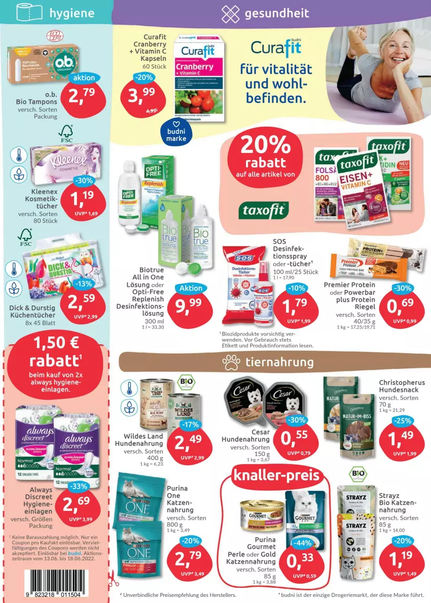 Aktueller Prospekt Budni - Prospekte - von 13.06 bis 18.06.2022 - strona 5 - produkty: Alwa, Always, bio, biozidprodukte, coupon, coupons, cranberry, Desinfektion, Discreet, eis, elle, erde, Gesundheit, hundenahrung, hundesnack, katzennahrung, kosmetik, küche, Küchen, küchentücher, lion, natur, purina, Rauch, reis, riegel, snack, Tampon, tampons, teller, Ti, tücher, vita, Vitamin C, Wild