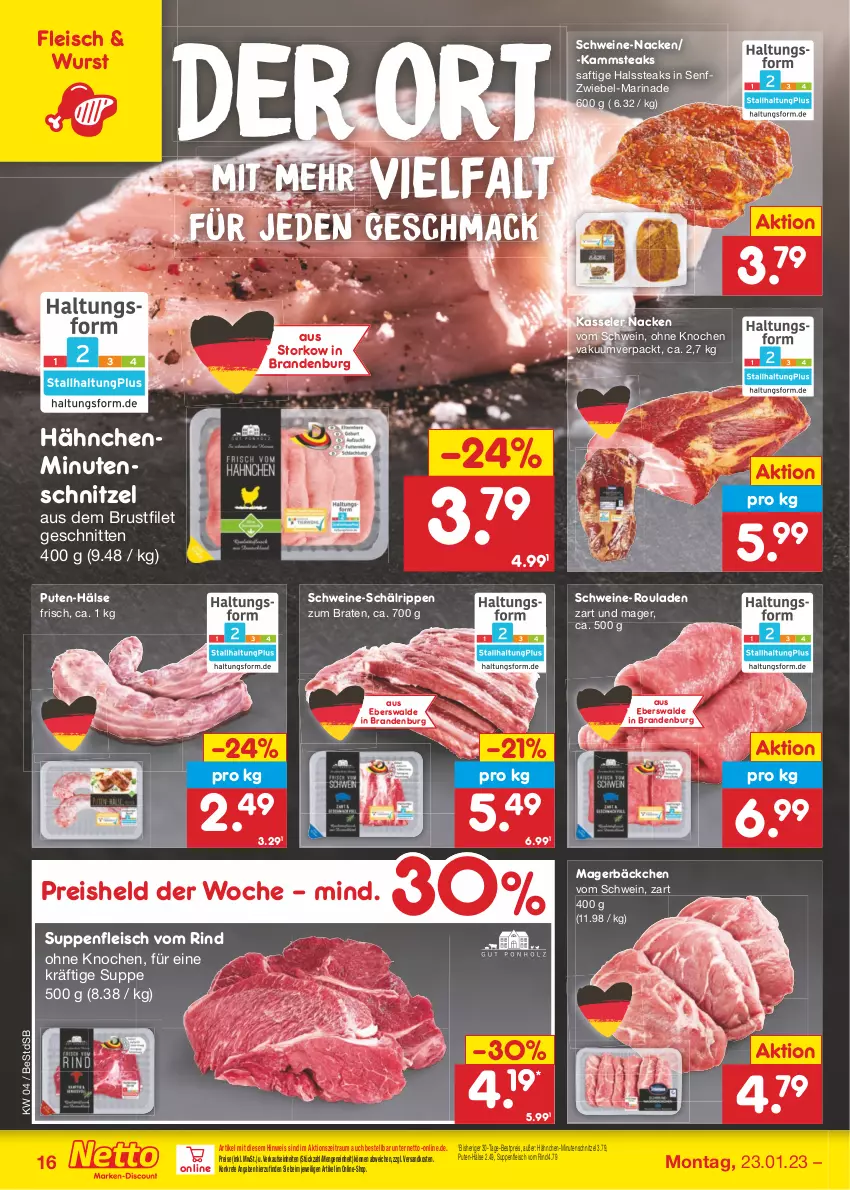 Aktueller Prospekt Netto Marken-Discount - Filial-Angebote - von 23.01 bis 28.01.2023 - strona 16 - produkty: bestpreis, braten, brustfilet, eis, filet, fleisch, kasseler, mac, marinade, minutenschnitzel, ndk, pute, reis, rind, Rippen, rouladen, saft, schnitten, schnitzel, schwein, schweine, senf, steak, steaks, suppe, suppen, suppenfleisch, Ti, wein, weine, wurst, zwiebel