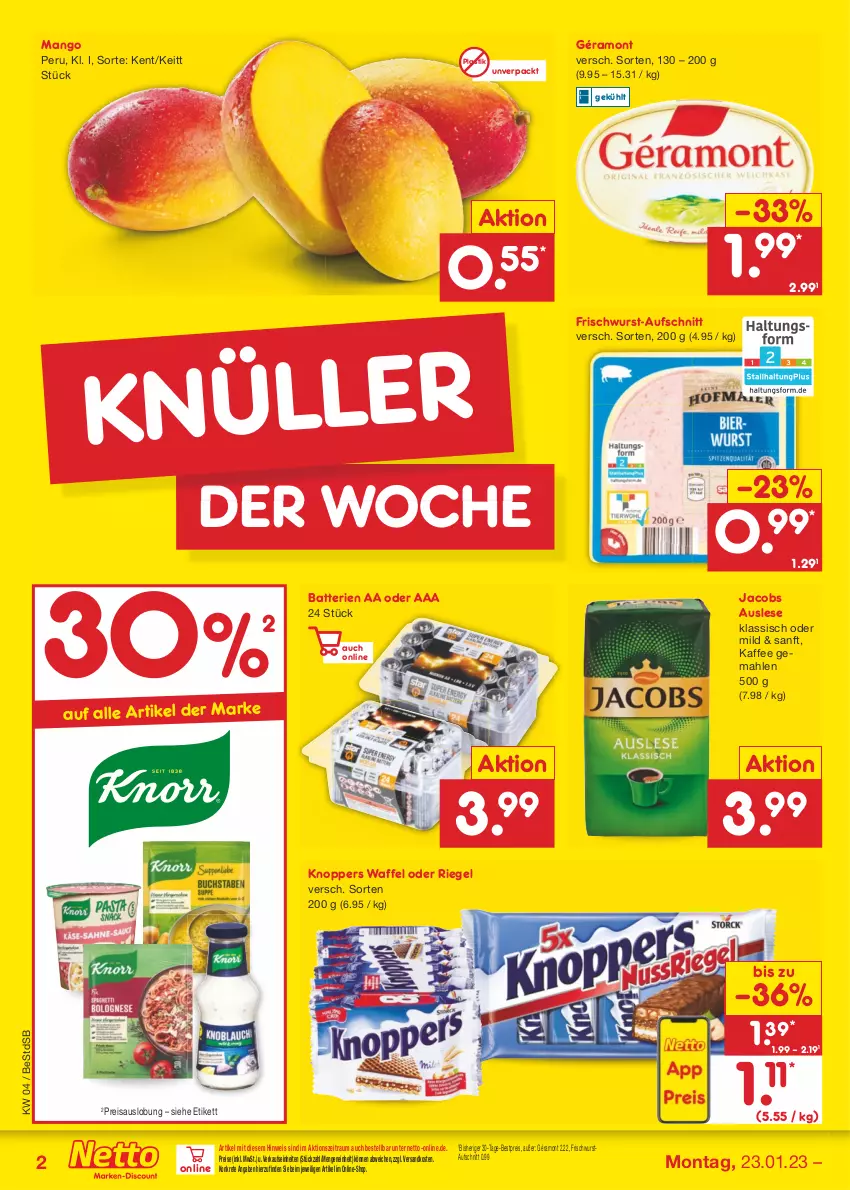 Aktueller Prospekt Netto Marken-Discount - Filial-Angebote - von 23.01 bis 28.01.2023 - strona 2 - produkty: asti, aufschnitt, batterie, batterien, bestpreis, eis, frischwurst-aufschnitt, géramont, jacobs, kaffee, knoppers, mango, ndk, reis, riegel, Ti, wurst