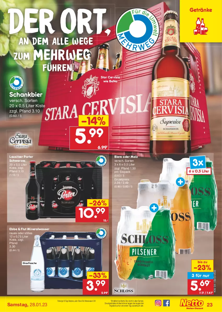 Aktueller Prospekt Netto Marken-Discount - Filial-Angebote - von 23.01 bis 28.01.2023 - strona 23 - produkty: Alwa, angebot, bestpreis, bier, Biere, eis, flasche, getränk, getränke, glasflasche, malz, mineralwasser, reis, rwe, Schankbier, Ti, wasser, ZTE