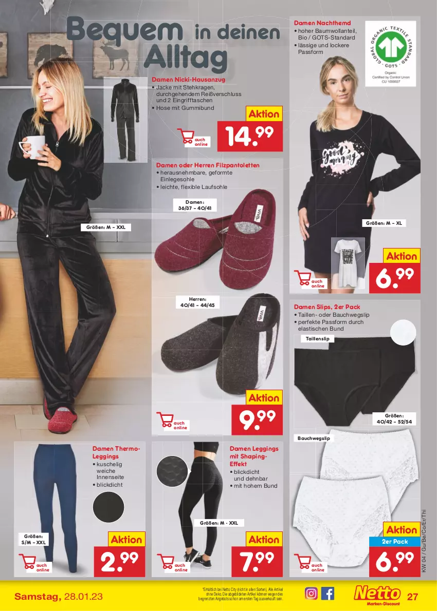 Aktueller Prospekt Netto Marken-Discount - Filial-Angebote - von 23.01 bis 28.01.2023 - strona 27 - produkty: angebot, Anzug, asti, Bau, bio, gin, hemd, hose, Jacke, leggings, Nachthemd, pantolette, pantoletten, slip, slips, Taillenslip, Tasche, taschen, Thermoleggings, Ti, tisch, ZTE