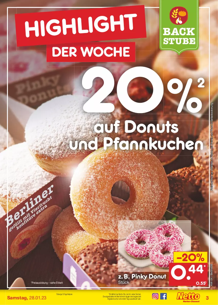 Aktueller Prospekt Netto Marken-Discount - Filial-Angebote - von 23.01 bis 28.01.2023 - strona 3 - produkty: angebot, bestpreis, Donut, donuts, eis, fleisch, kuchen, Pfannkuchen, reis, stube, Ti, wurst, wurst in selbstbedienung, ZTE