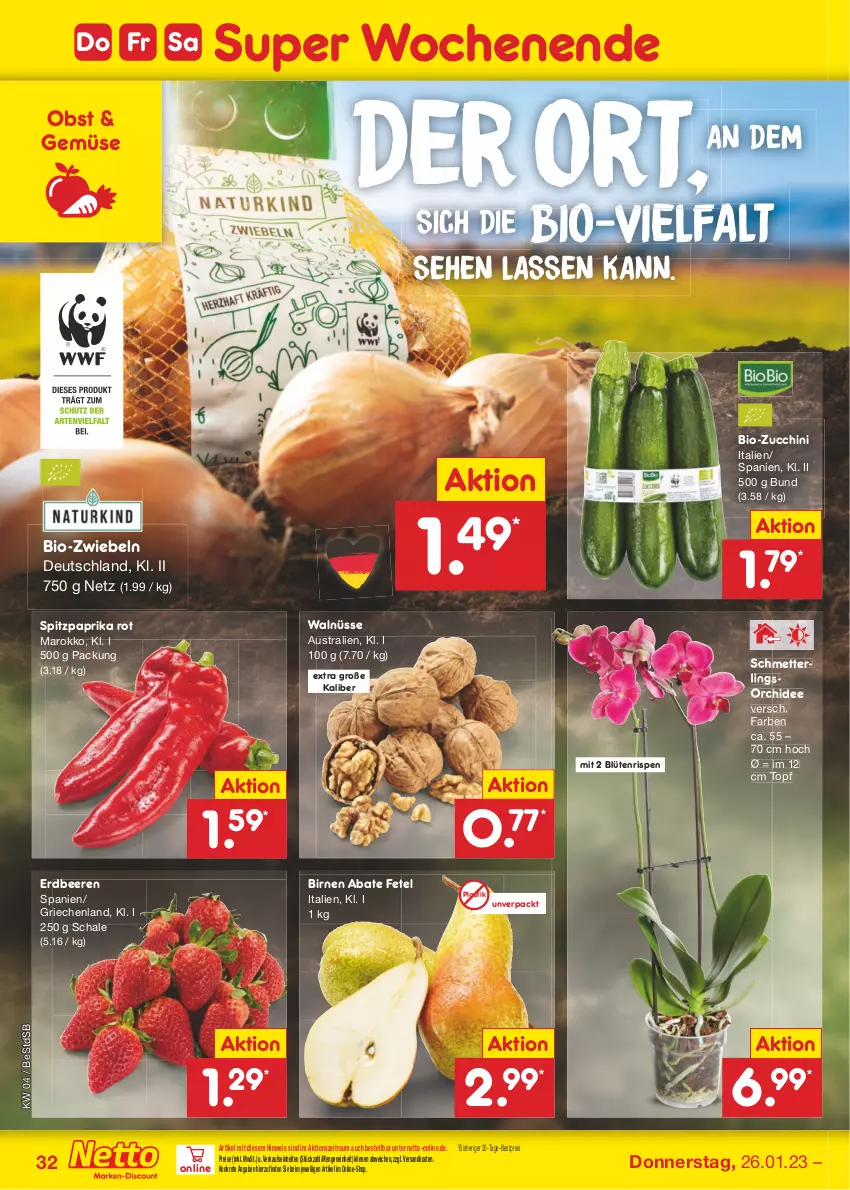 Aktueller Prospekt Netto Marken-Discount - Filial-Angebote - von 23.01 bis 28.01.2023 - strona 32 - produkty: asti, aust, beere, beeren, bestpreis, bio, bio-zucchini, Birnen, Blüte, eis, erdbeere, erdbeeren, Mett, ndk, obst, orchidee, paprika, paprika rot, reis, Schal, Schale, Schmetterling, schmetterlingsorchidee, Spitzpaprika, Ti, topf, zucchini, zwiebel, zwiebeln