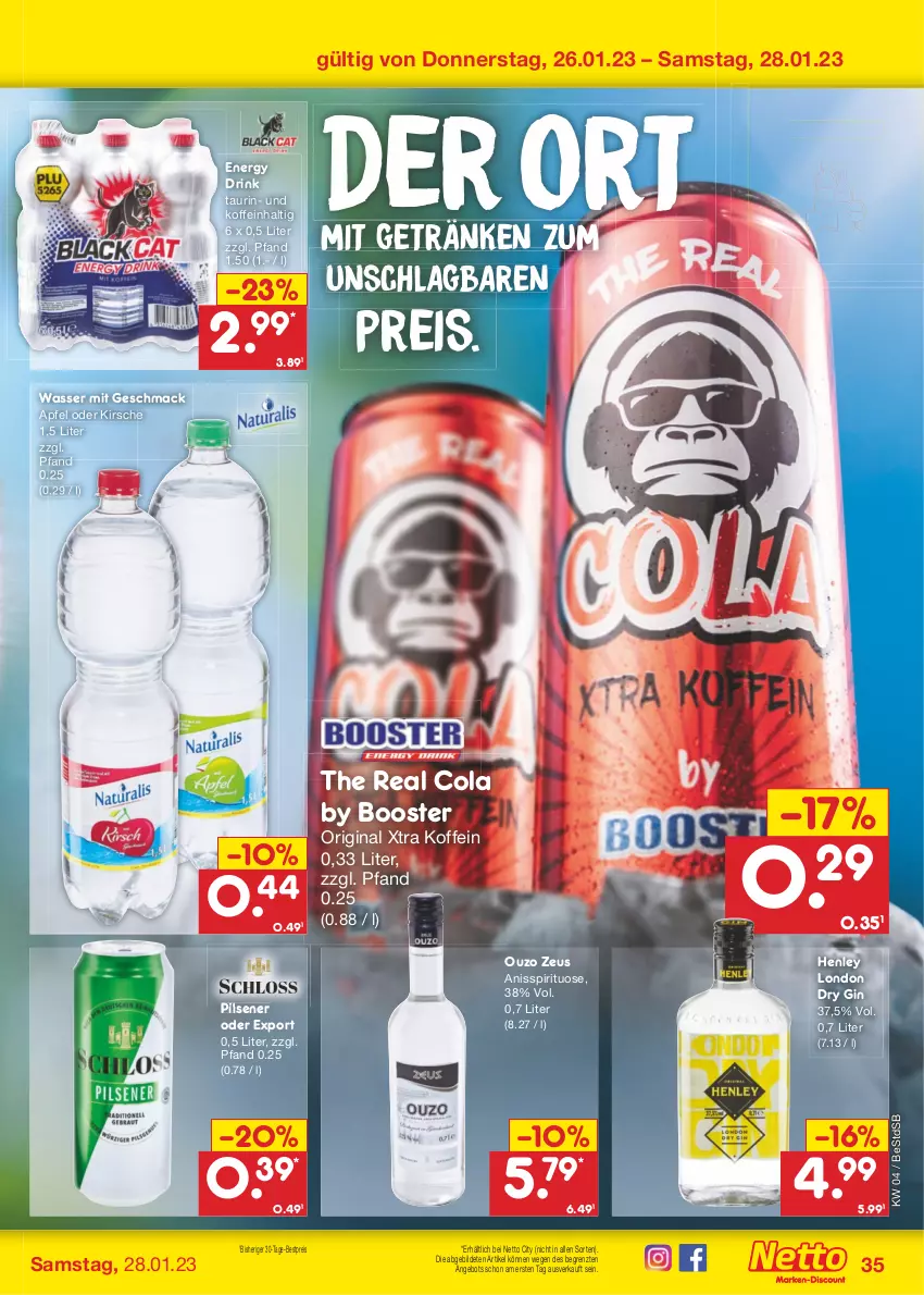 Aktueller Prospekt Netto Marken-Discount - Filial-Angebote - von 23.01 bis 28.01.2023 - strona 35 - produkty: angebot, apfel, bestpreis, cola, drink, dry gin, eis, energy drink, getränk, getränke, gin, kirsch, kirsche, london dry, london dry gin, mac, ouzo, pils, pilsener, reis, Ti, wasser, ZTE