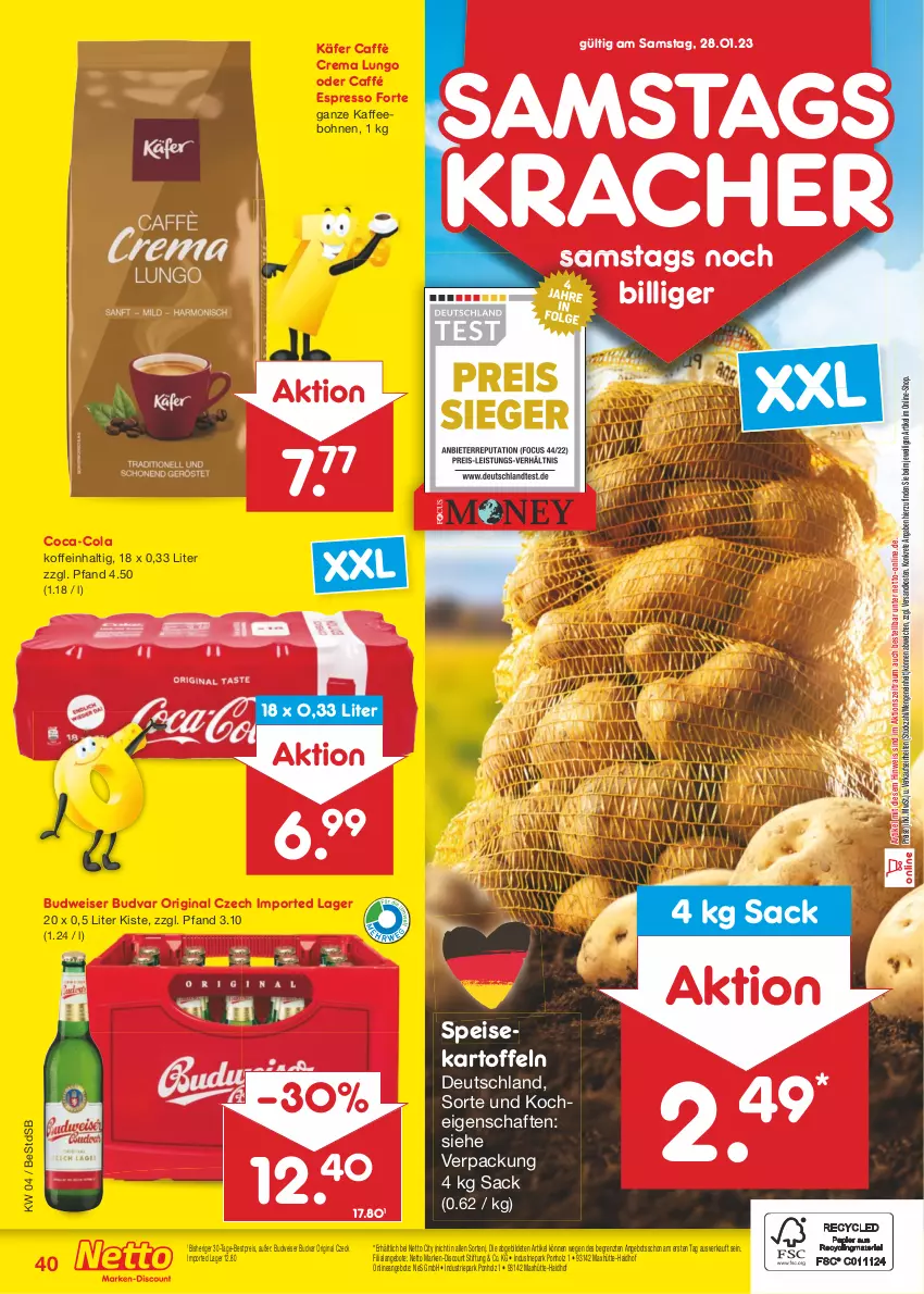 Aktueller Prospekt Netto Marken-Discount - Filial-Angebote - von 23.01 bis 28.01.2023 - strona 40 - produkty: angebot, angebote, bestpreis, bohne, bohnen, budweiser, caffè crema, coca-cola, cola, discount, eis, espresso, gin, Holz, käfer, kaffee, kaffeebohnen, kartoffel, kartoffeln, kracher, lungo, marken-discount, ndk, reis, sac, speisekartoffeln, Ti, ZTE