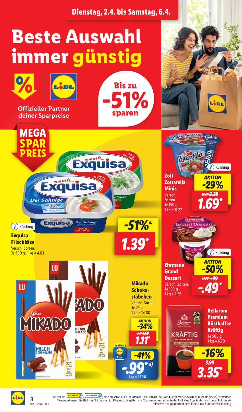 Aktueller Prospekt Lidl - Aktionsprospekt - von 02.04 bis 06.04.2024 - strona 12 - produkty: angebot, coupon, dessert, ehrmann, Ehrmann Grand Dessert, eis, exquisa, exquisa frischkäse, frischkäse, kaffee, Käse, mikado, ndk, preisvorteil, reis, rel, röstkaffee, Schal, Schale, schoko, Ti, zott, zottarella, zottarella minis