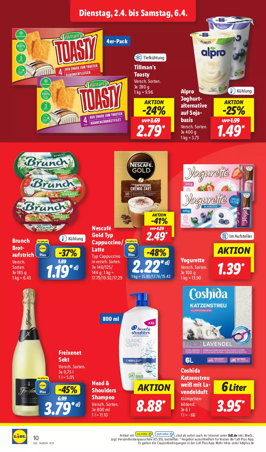 Aktueller Prospekt Lidl - Aktionsprospekt - von 02.04 bis 06.04.2024 - strona 14 - produkty: alpro, angebot, aufstrich, brot, brotaufstrich, Cap, cappuccino, cin, Coshida, coupon, elle, freixenet, joghur, joghurt, Katzenstreu, latte, lavendel, ndk, Nescafé, nescafé gold, Schal, Schale, sekt, shampoo, soja, teller, Ti, toast, toasty, Yo, yogurette