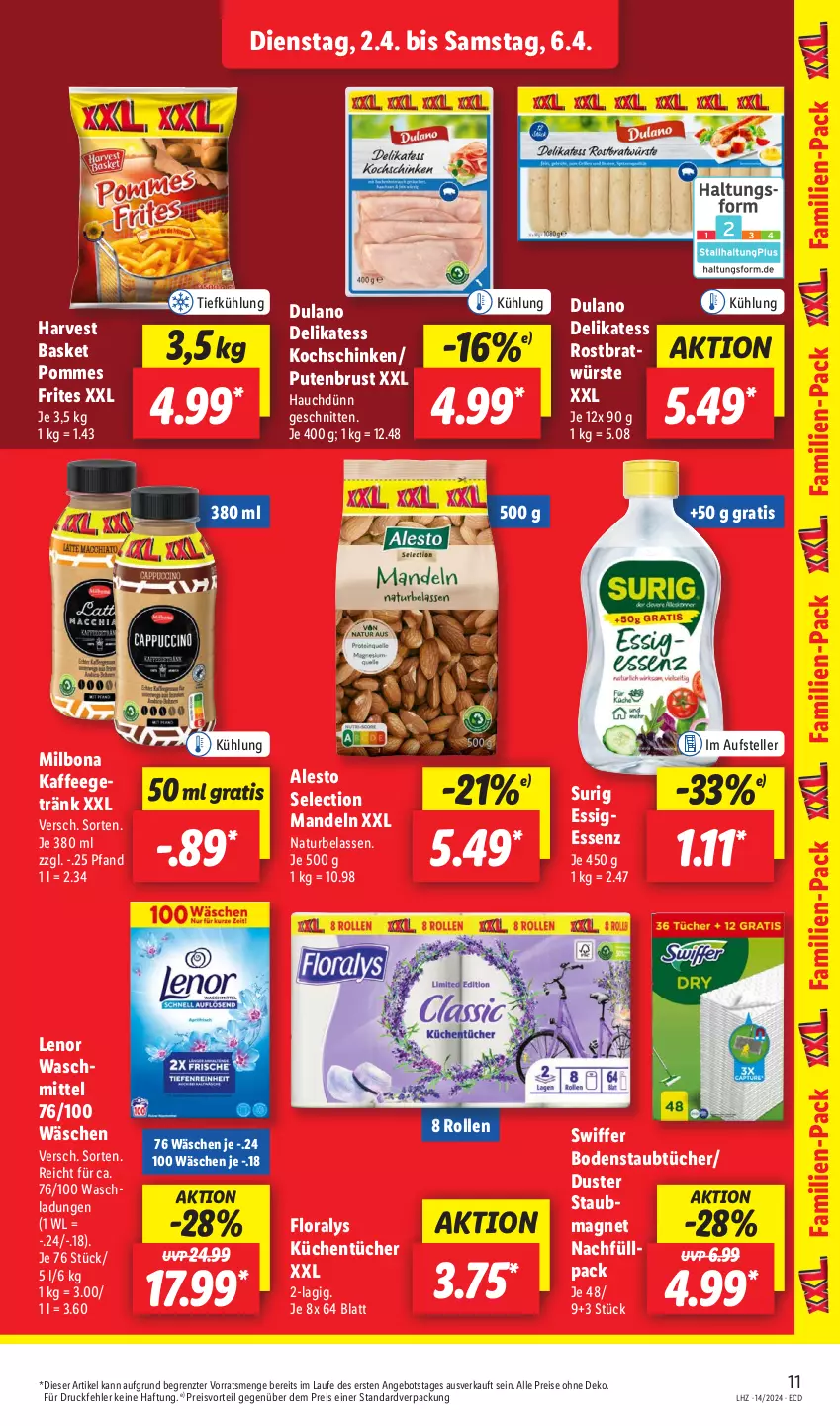 Aktueller Prospekt Lidl - Aktionsprospekt - von 02.04 bis 06.04.2024 - strona 15 - produkty: alesto, angebot, Bona, dulano, eis, elle, essig, Floralys, getränk, kaffee, kochschinken, küche, Küchen, küchentücher, lenor, mandel, mandeln, Milbona, natur, pommes, Pommes Frites, preisvorteil, pute, putenbrust, reis, schinken, schnitten, swiffer, teller, Ti, tücher, ZTE