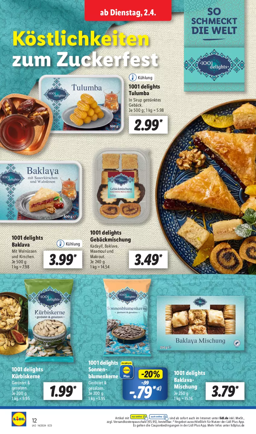 Aktueller Prospekt Lidl - Aktionsprospekt - von 02.04 bis 06.04.2024 - strona 16 - produkty: angebot, Baklava, blume, blumen, coupon, gebäckmischung, getränk, kirsch, kirsche, kirschen, Kürbis, kürbiskerne, ndk, salz, Schal, Schale, sirup, sonnenblume, sonnenblumen, Sonnenblumenkerne, Ti, Tulum, zucker