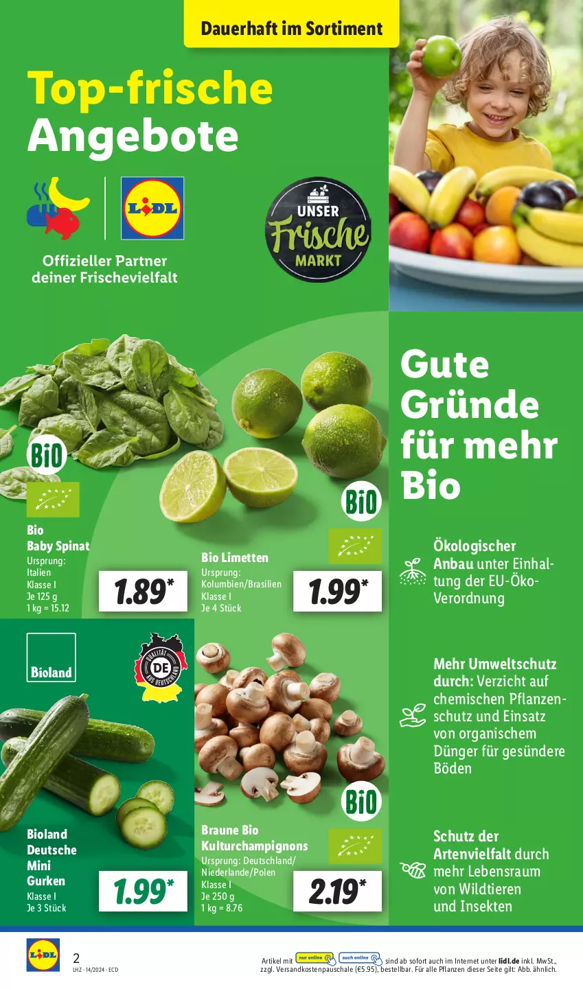 Aktueller Prospekt Lidl - Aktionsprospekt - von 02.04 bis 06.04.2024 - strona 2 - produkty: angebot, angebote, auer, Bau, bio, bioland, braun, champignon, champignons, dünger, gurke, gurken, limette, limetten, Mett, metten, ndk, pflanze, pflanzen, Schal, Schale, sekt, spinat, Ti, Tiere, Wild