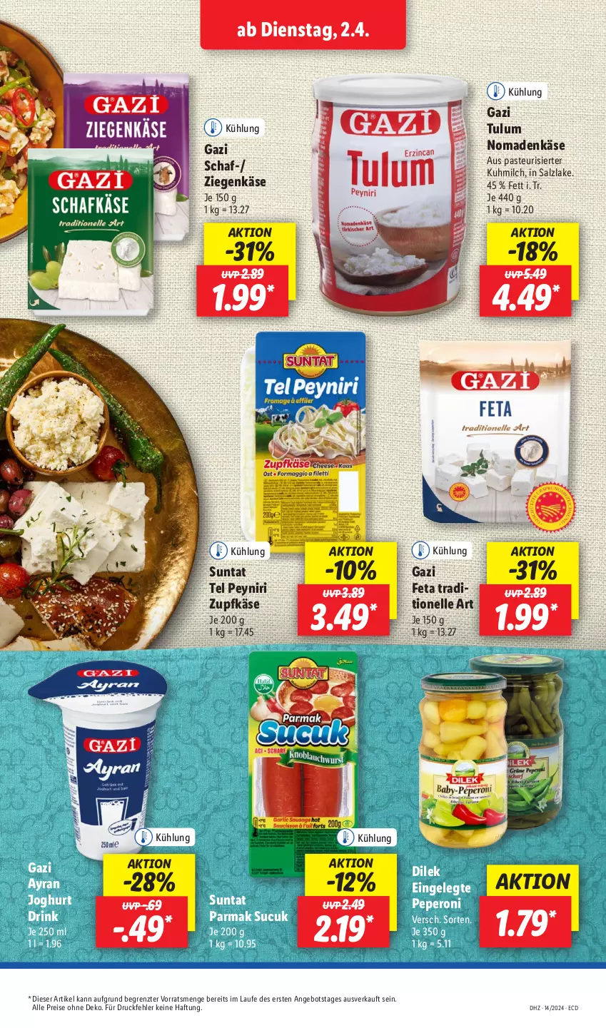 Aktueller Prospekt Lidl - Aktionsprospekt - von 02.04 bis 06.04.2024 - strona 21 - produkty: angebot, Ayran, drink, eis, elle, feta, joghur, joghurt, Käse, milch, peperoni, Peroni, reis, salz, Sucuk, Ti, Tulum, ziegenkäse, ZTE