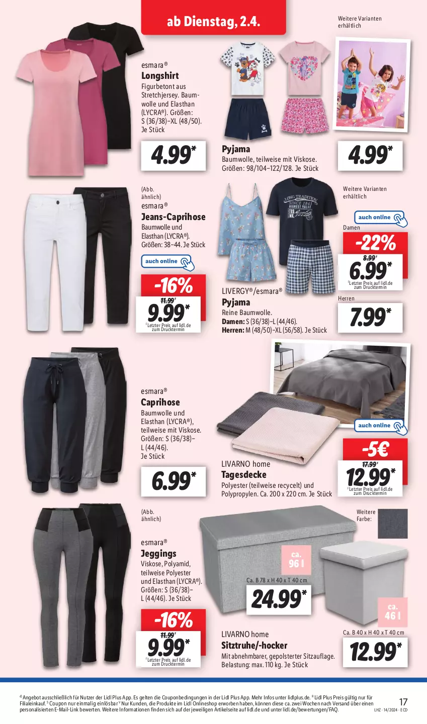 Aktueller Prospekt Lidl - Aktionsprospekt - von 02.04 bis 06.04.2024 - strona 25 - produkty: angebot, Bau, baumwolle, Cap, caprihose, coupon, decke, eis, esmara, gin, hocker, hose, jeans, livergy, Persona, Pyjama, reine baumwolle, reis, Ria, shirt, Sitzauflage, Sitztruhe, tagesdecke, Ti, wolle, ZTE