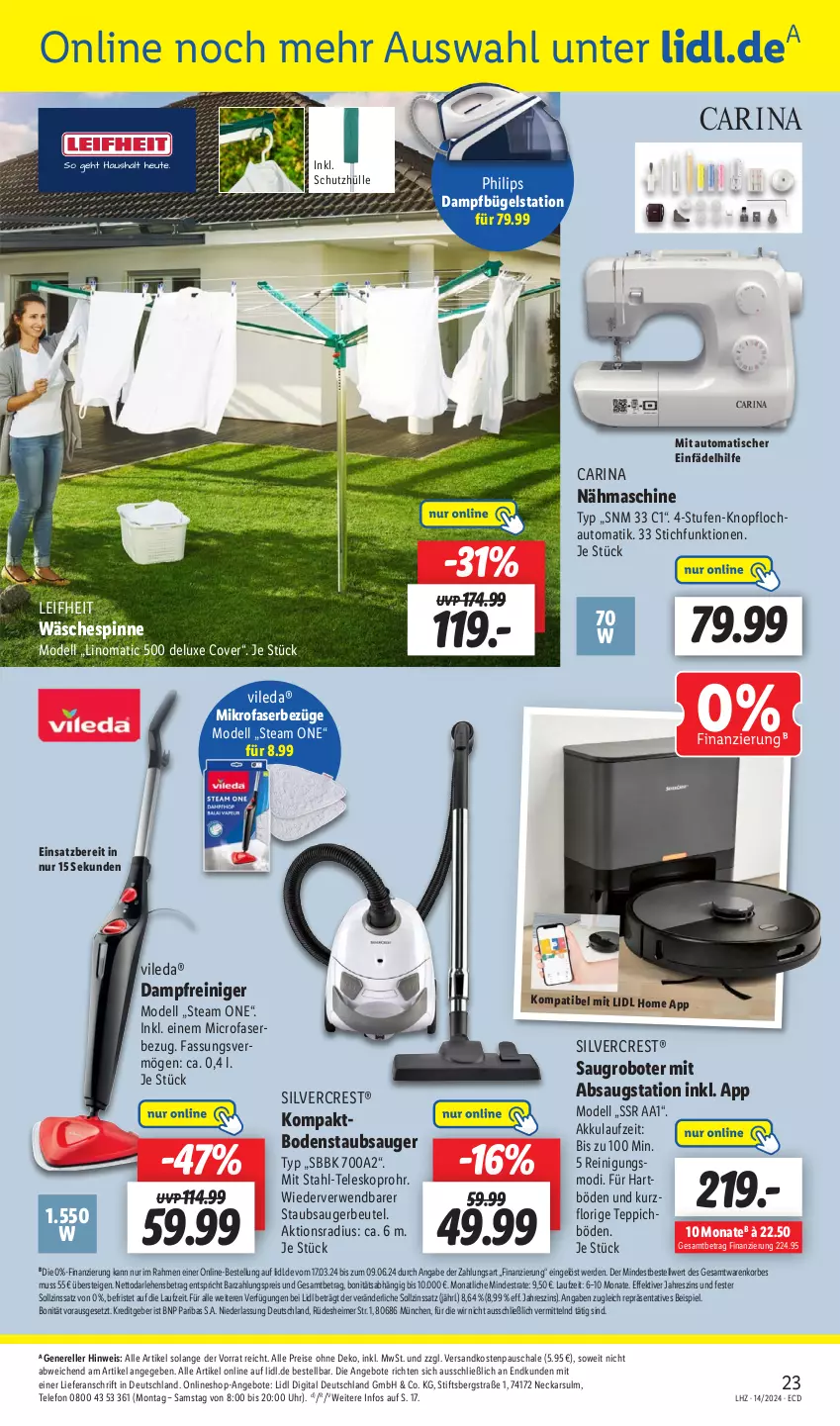 Aktueller Prospekt Lidl - Aktionsprospekt - von 02.04 bis 06.04.2024 - strona 31 - produkty: akku, angebot, angebote, auto, beutel, bodenstaubsauger, bügel, Bügelstation, dampfbügelstation, dampfreiniger, dell, eimer, eis, elle, erde, korb, leifheit, mikrofaser, Mode, Nähmaschine, ndk, Philips, reiniger, Reinigung, reis, rel, rwe, Saugroboter, Schal, Schale, schutzhülle, silvercrest, staubsauger, staubsaugerbeutel, telefon, Teleskop, teppich, Ti, tisch, uhr, vileda, wäschespinne