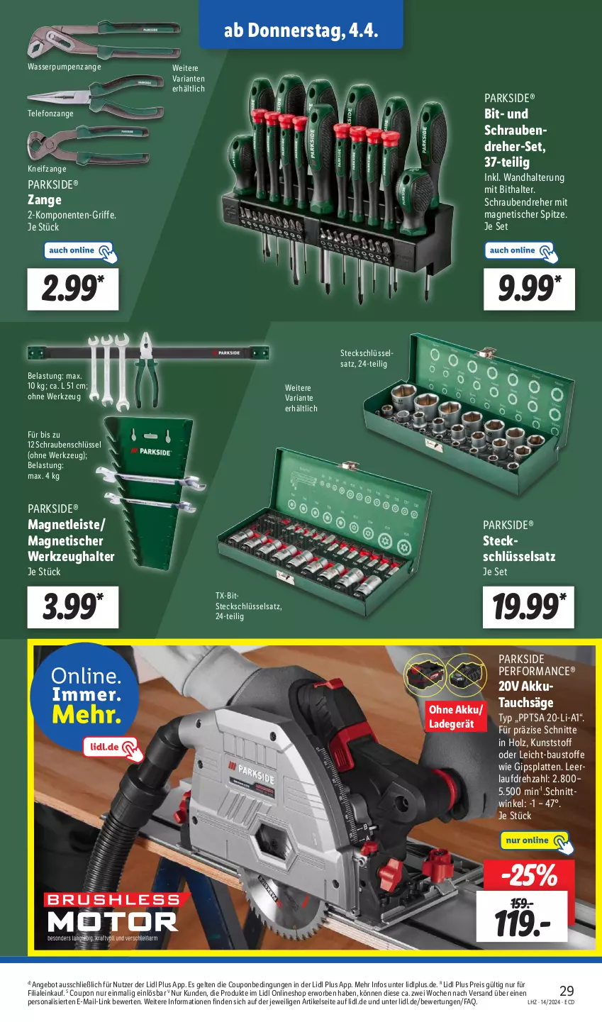 Aktueller Prospekt Lidl - Aktionsprospekt - von 02.04 bis 06.04.2024 - strona 39 - produkty: akku, angebot, aust, Bau, Baustoffe, coupon, eis, ente, Holz, ladegerät, latte, Parkside, Persona, reis, Ria, säge, schrauben, Schraubendreher, Steckschlüsselsatz, Tauchsäge, telefon, Telefonzange, Ti, tisch, wandhalterung, wasser, Wasserpumpenzange, werkzeug, Werkzeughalter