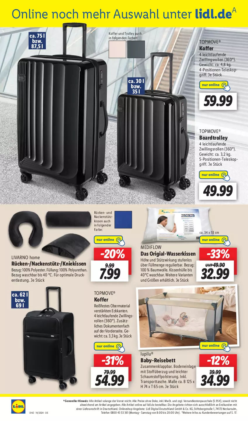 Aktueller Prospekt Lidl - Aktionsprospekt - von 02.04 bis 06.04.2024 - strona 56 - produkty: angebot, angebote, Bau, baumwolle, bett, eis, elle, ente, kissen, kissenhülle, Kniekissen, koffer, Laufen, LG, lupilu, nackenstützkissen, ndk, reis, rel, Ria, Schal, Schale, Sport, sporttasche, Tasche, telefon, Teleskop, Ti, trolley, uhr, wasser, wolle