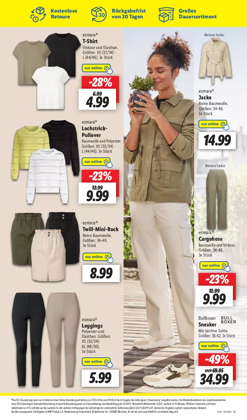 Aktueller Prospekt Lidl - Aktionsprospekt - von 02.04 bis 06.04.2024 - strona 57 - produkty: auer, Bau, baumwolle, eimer, eis, erde, esmara, gin, hose, Jacke, korb, leggings, Pullover, reine baumwolle, reis, shirt, sneaker, Strickpullover, T-Shirt, Ti, wolle