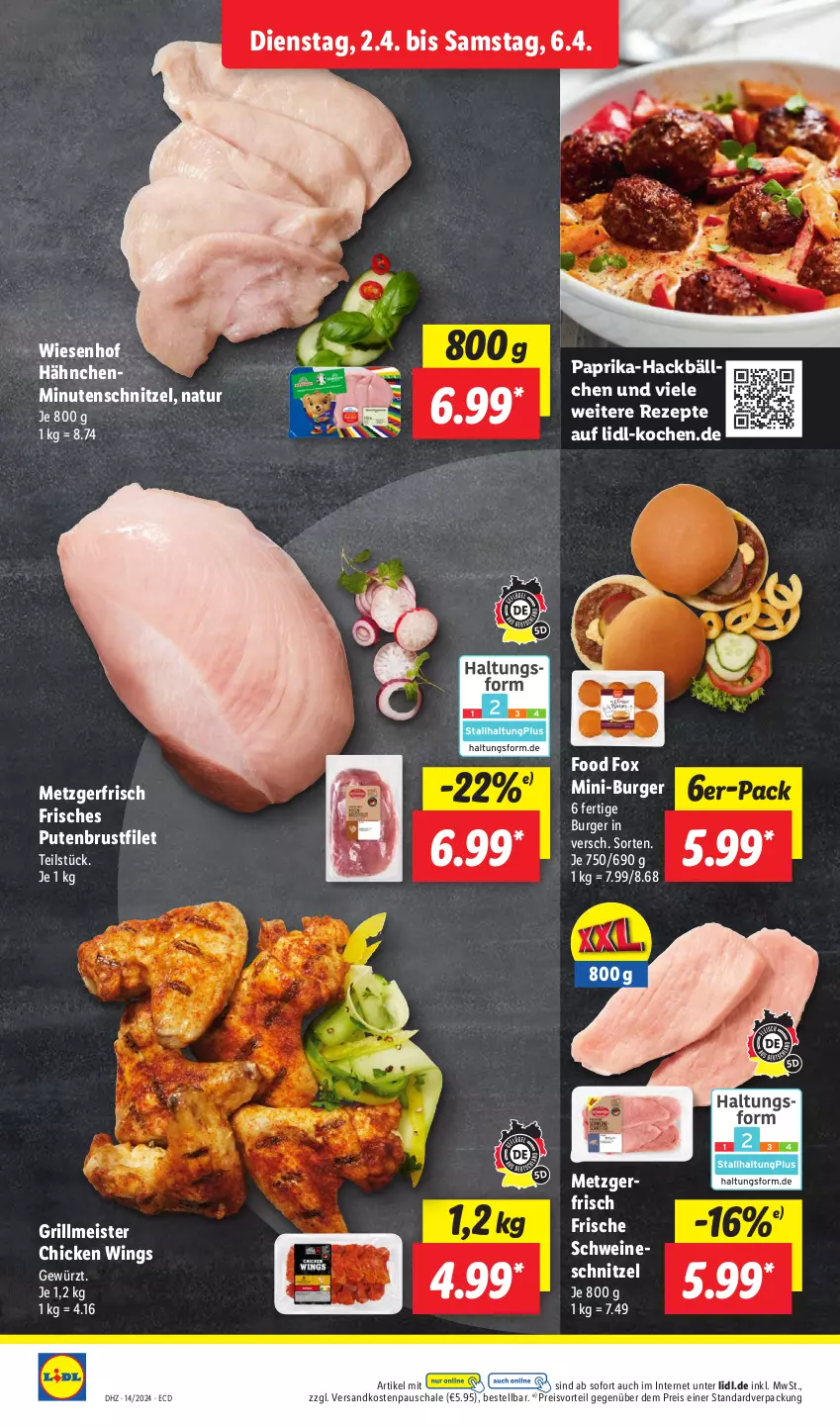 Aktueller Prospekt Lidl - Aktionsprospekt - von 02.04 bis 06.04.2024 - strona 6 - produkty: brustfilet, burger, chicken wings, eis, filet, gewürz, grill, Meister, minutenschnitzel, natur, ndk, paprika, preisvorteil, pute, putenbrust, putenbrustfilet, reis, rezept, rezepte, Schal, Schale, schnitzel, schwein, schweine, schweineschnitzel, Ti, wein, weine, wiesenhof