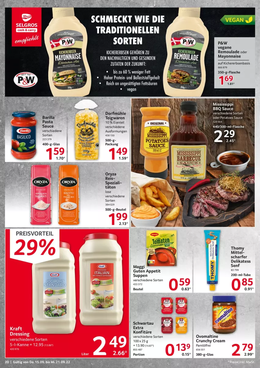 Aktueller Prospekt Selgros - Food - von 15.09 bis 21.09.2022 - strona 20 - produkty: arla, barbecue, barilla, beutel, eis, erbsen, flasche, gin, kichererbsen, konfitüre, kraft, maggi, mayonnaise, ovomaltine, potatoes, preisvorteil, reis, remoulade, sauce, Schwartau, Spezi, suppe, suppen, teigwaren, thomy, Ti, Yo