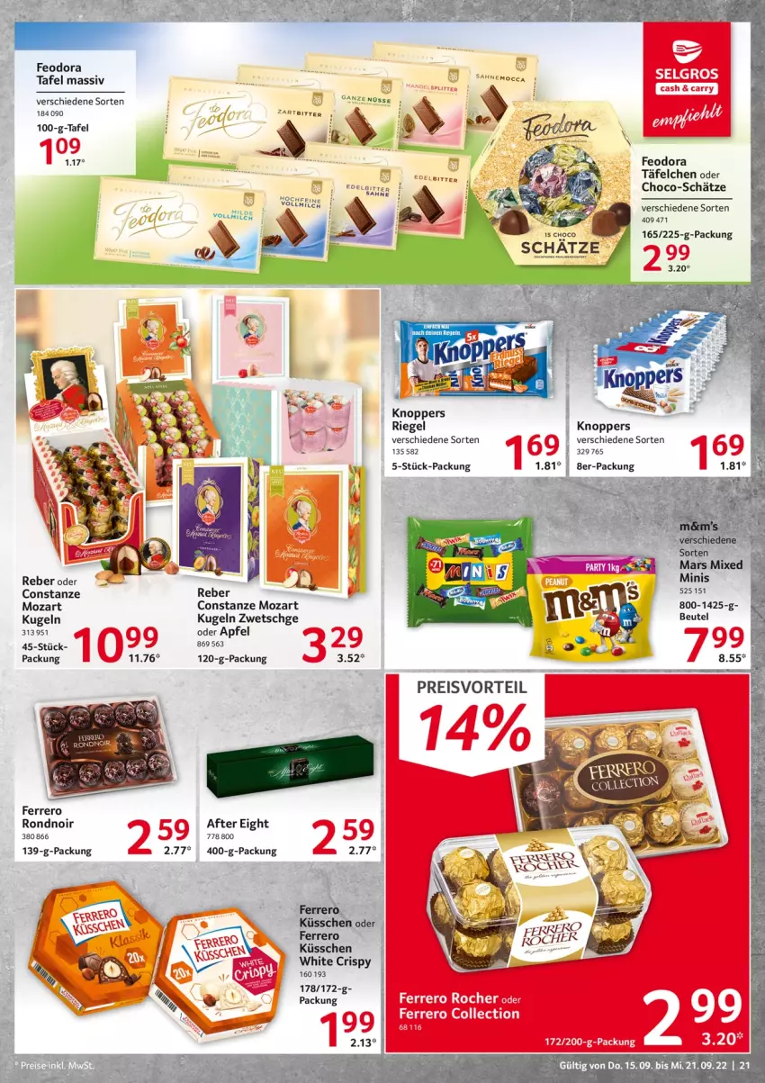 Aktueller Prospekt Selgros - Food - von 15.09 bis 21.09.2022 - strona 21 - produkty: after eight, apfel, eis, ferrero, Ferrero Rocher, knoppers, Kugel, LG, mars, milch, preisvorteil, reis, riegel, sahne, Ti