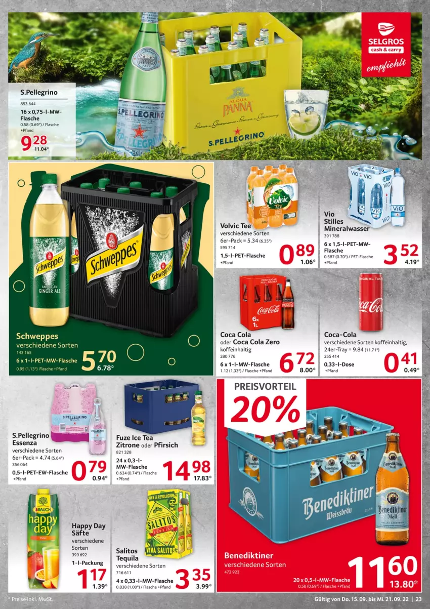 Aktueller Prospekt Selgros - Food - von 15.09 bis 21.09.2022 - strona 23 - produkty: Alwa, coca-cola, cola, eis, elle, flasche, gin, ginger, ginger ale, Happy Day, ice tea, mineralwasser, mw-flasche, pet-flasche, pfirsich, preisvorteil, reis, säfte, schweppes, tee, tequila, Ti, volvic, wasser, zitrone