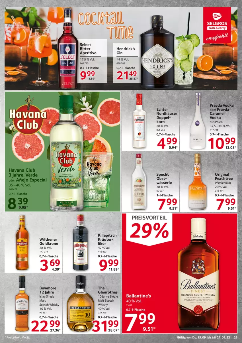 Aktueller Prospekt Selgros - Food - von 15.09 bis 21.09.2022 - strona 29 - produkty: Bowmore, caramel, eis, flasche, gin, goldkrone, korn, kräuter, krone, likör, obst, pfirsich, preisvorteil, reis, scotch, scotch whisky, Ti, vodka, whisky, wilthener