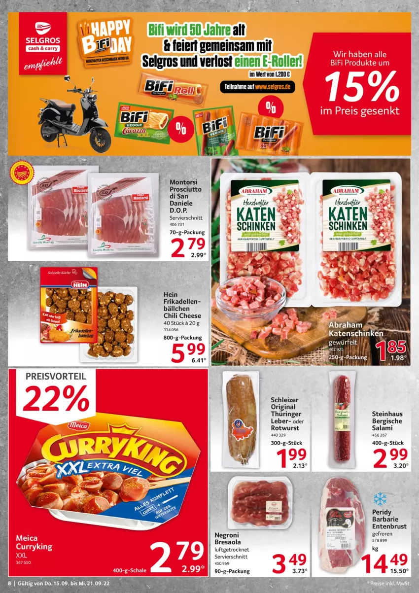 Aktueller Prospekt Selgros - Food - von 15.09 bis 21.09.2022 - strona 8 - produkty: aeg, bifi, Bresaola, chili, dell, E-Roller, eier, eis, elle, ente, Entenbrust, frikadellen, gin, LG, preisvorteil, reis, resa, ring, Roller, Rotwurst, salami, schinken, steinhaus, tee, wurst