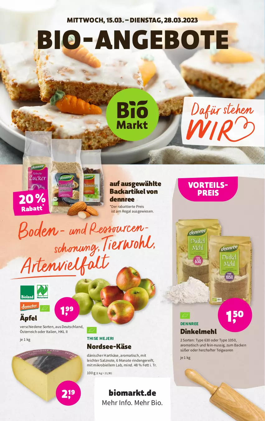 Aktueller Prospekt Denns Biomarkt - Prospekte - von 15.03 bis 28.03.2023 - strona 1 - produkty: angebot, angebote, bio, dennree, dinkelmehl, eis, elle, hartkäse, Käse, mehl, Nordsee, nuss, regal, reis, rind, salz, teigwaren, Ti, tisch, vorteilspreis