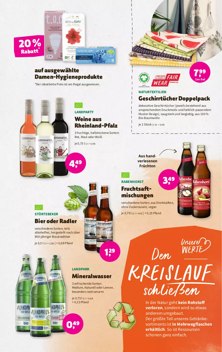 Aktueller Prospekt Denns Biomarkt - Prospekte - von 15.03 bis 28.03.2023 - strona 7 - produkty: alkohol, Alwa, Bau, baumwolle, bier, bio, bio-baumwolle, eis, flasche, frucht, früchte, früchten, fruchtsaft, geschirr, geschirrtücher, getränk, getränke, mineralwasser, natur, oder radler, radler, regal, reis, rel, rwe, saft, säfte, störtebeker, Ti, tücher, wasser, wein, weine, wolle, zucker