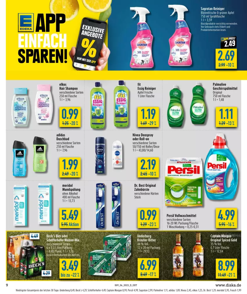 Aktueller Prospekt Diska - Prospekte - von 06.02 bis 11.02.2023 - strona 9 - produkty: Adidas, alkohol, apfel, Bad, bier, bio, biozidprodukte, Blüte, bürste, Cap, captain morgan, deo, deospray, Dr. Best, duschbad, eis, elkos, ente, essig, flasche, Frosch, geschirr, geschirrspülmittel, gin, kräuter, meridol, mundspülung, nivea, ohne alkohol, olive, original spiced gold, palmolive, persil, Rauch, reiniger, reis, rel, roll-on, Roller, rwe, sagrotan, schöfferhofer, shampoo, spülmittel, spülung, Ti, underberg, vollwaschmittel, waschmittel, zahnbürste, ZTE