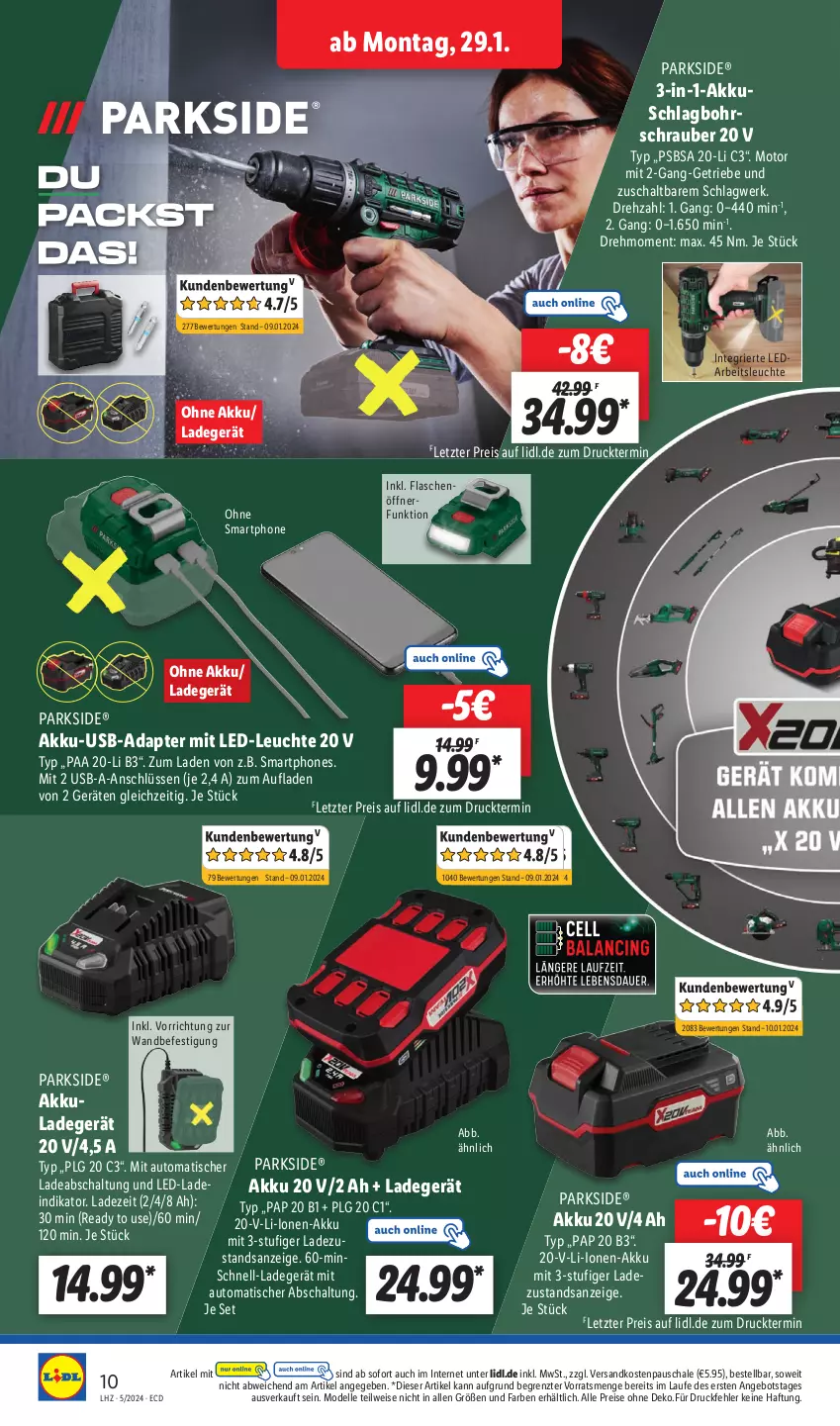 Aktueller Prospekt Lidl - Aktionsprospekt - von 29.01 bis 03.02.2024 - strona 16 - produkty: adapter, akku, angebot, Arbeitsleuchte, auto, Bohrschrauber, dell, eis, elle, flasche, flaschenöffner, ladegerät, LED-Leuchte, Leuchte, LG, Mode, ndk, nerf, Parkside, reis, Schal, Schale, smartphone, smartphones, Ti, tisch, usb, ZTE