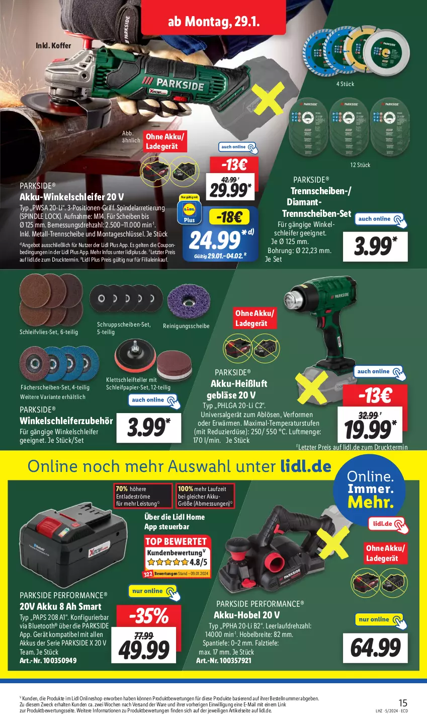 Aktueller Prospekt Lidl - Aktionsprospekt - von 29.01 bis 03.02.2024 - strona 21 - produkty: akku, Akku-Winkelschleifer, angebot, Brei, coupon, eis, elle, koffer, ladegerät, LG, papier, Parkside, Reinigung, reis, Ria, Schleifpapier, teller, Ti, weck, Winkelschleifer, ZTE